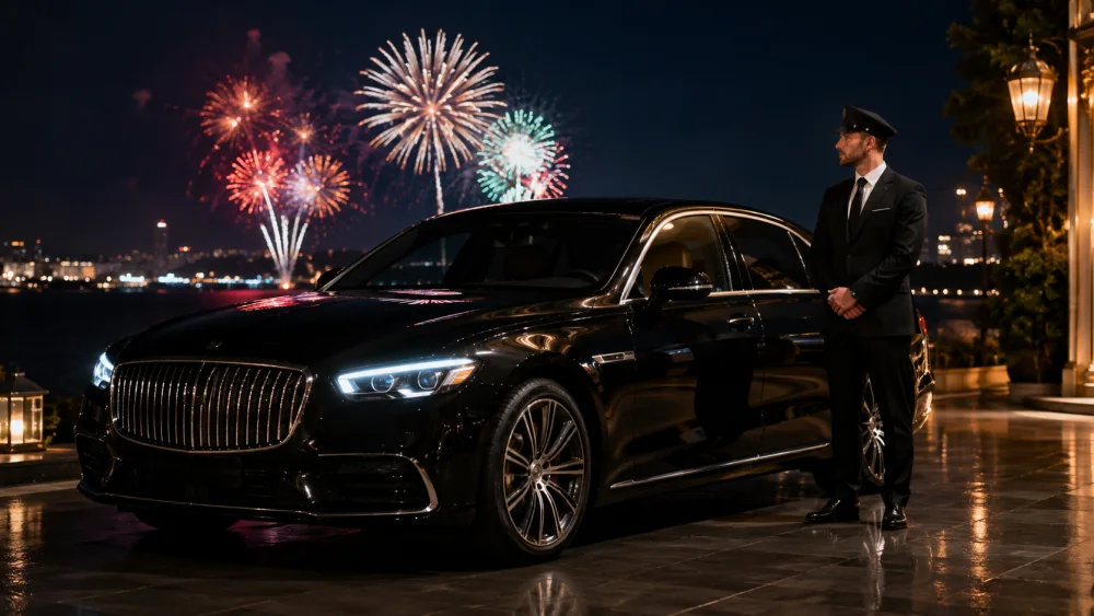 Black chauffeur-driven executive sedan for a Niagara Falls fireworks date night