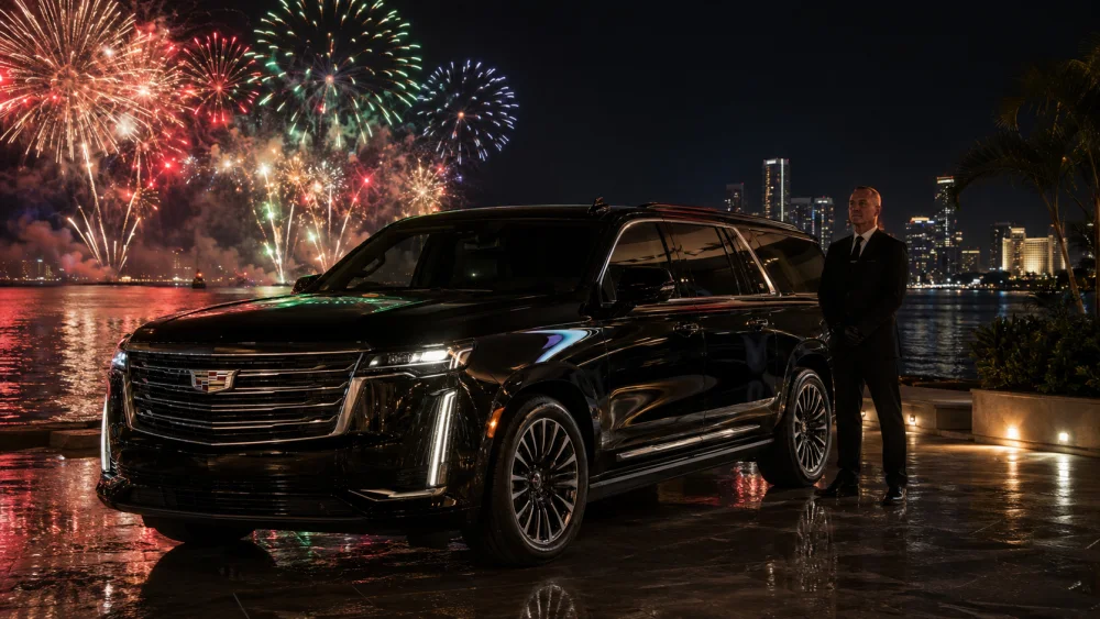 A black premium chauffeur SUV on the Niagara Parkway at night, the illuminated falls and fireworks glowing behind