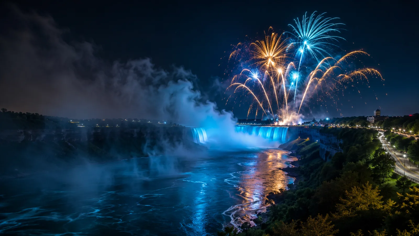 Blue and gold fireworks over the floodlit Horseshoe Falls with the Niagara Parkway lit along the far shore, Canadian side at night