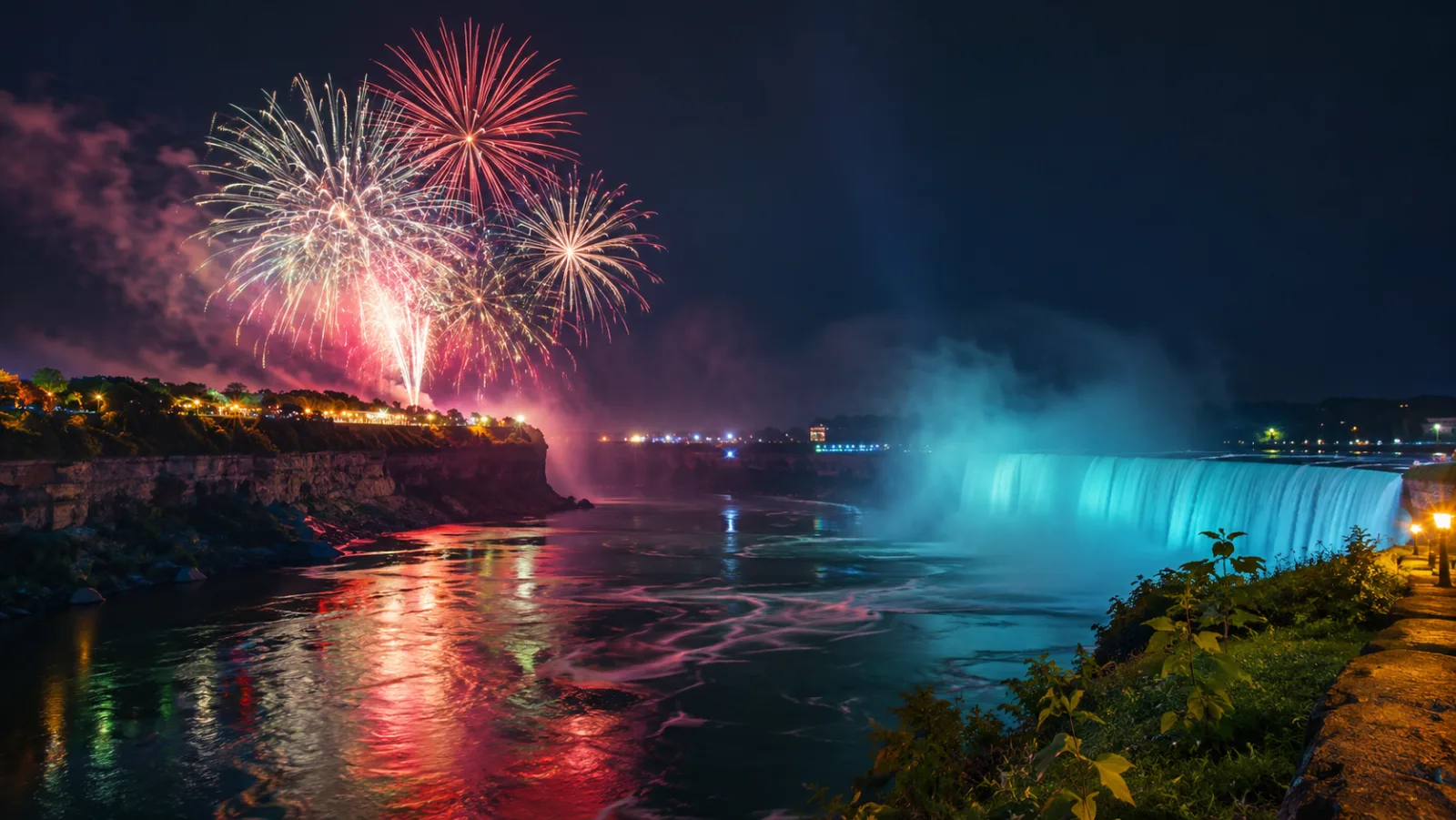 Fireworks over the illuminated Horseshoe Falls at night, the free public show your chauffeured evening is timed around